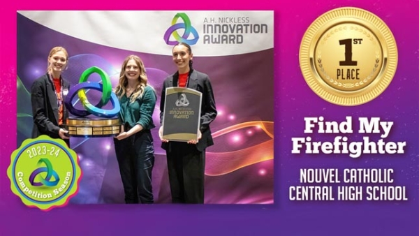 Team Leader Riley Mattheis and teammate Sydney Leslie, coached by teacher Clara Wagner, created a GPS tracking device that gives precise location of a firefighter