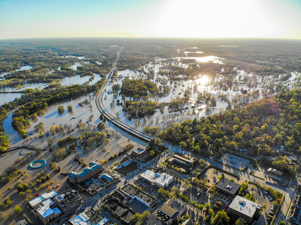 A drone photo shows extensive flooding in Midland.