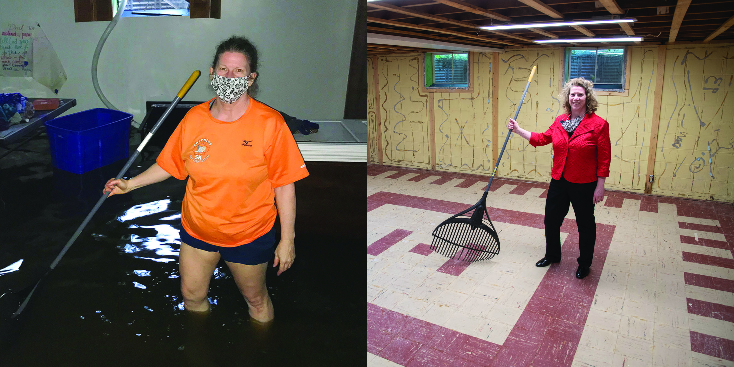 Annette Clark stands in a flooded basement to the left. On the right she recreates the photo in the dry room.