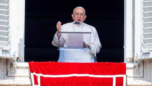 Pope Francis speaks to visitors gathered in St. Peter's Square 