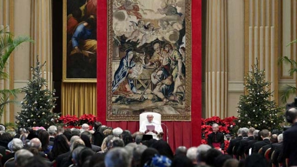 Pope Francis speaks during his annual meeting with diplomats accredited to the Holy See at the Vatican 